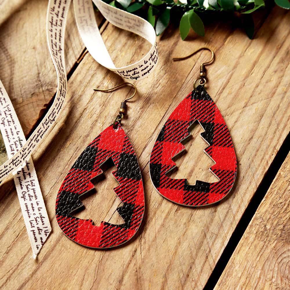Wholesale Christmas Plaid Christmas Tree Leopard Print Leather Earrings